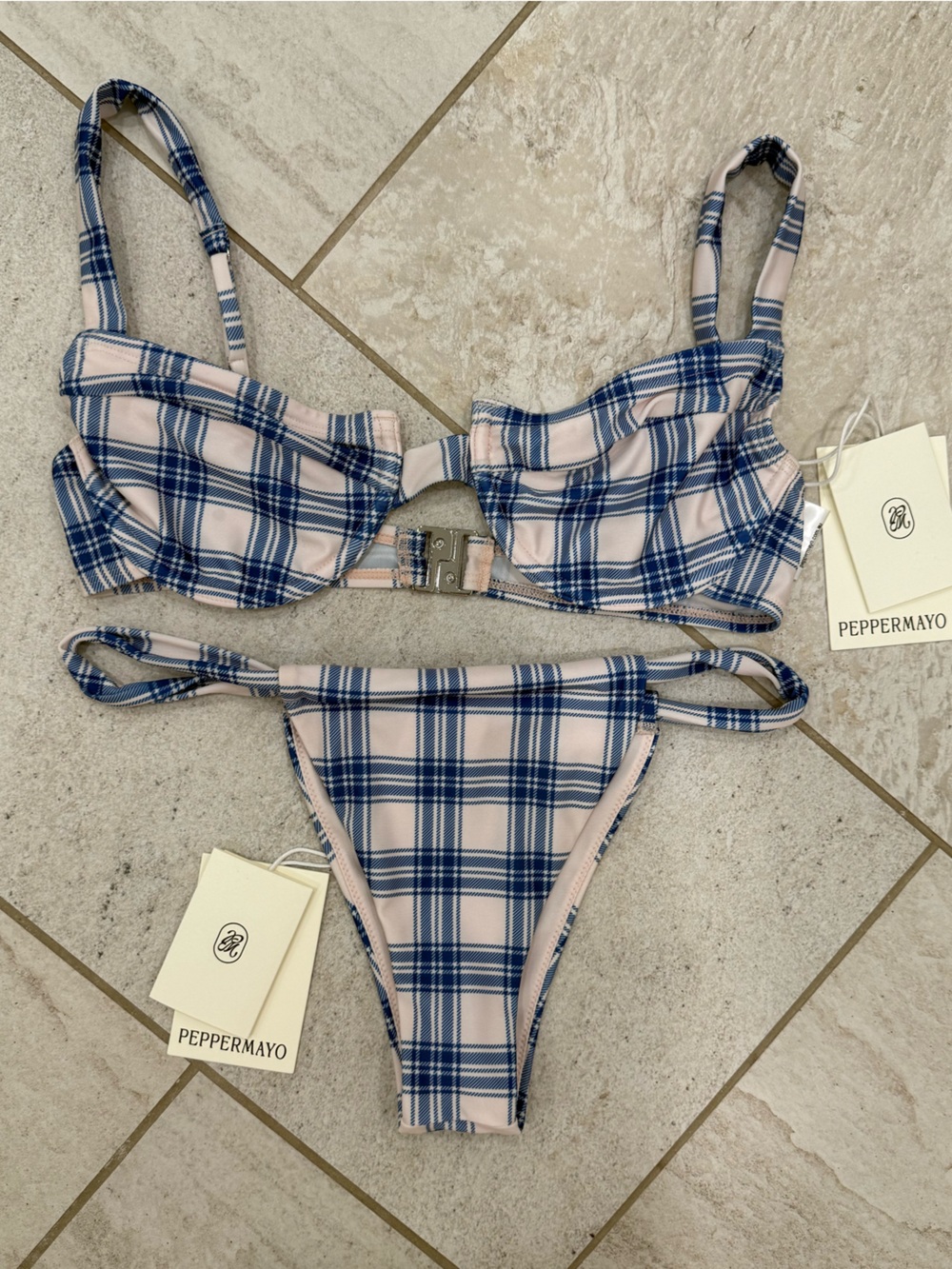 Peppermayo Blue & Cream Plaid Bandeau Airlie Bikini Set